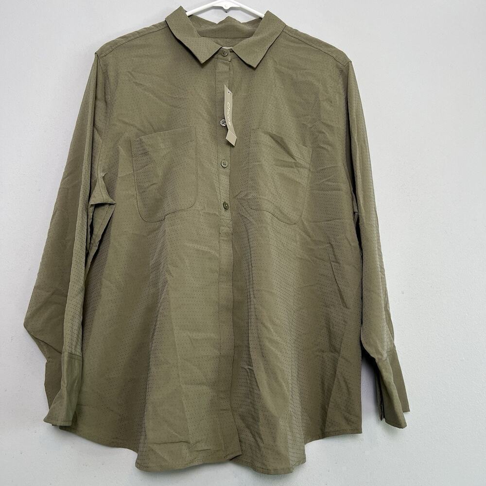 NWT Chico's Women's Button Up Shirt Sz L 12 14 Olive Green Casual Outdoor